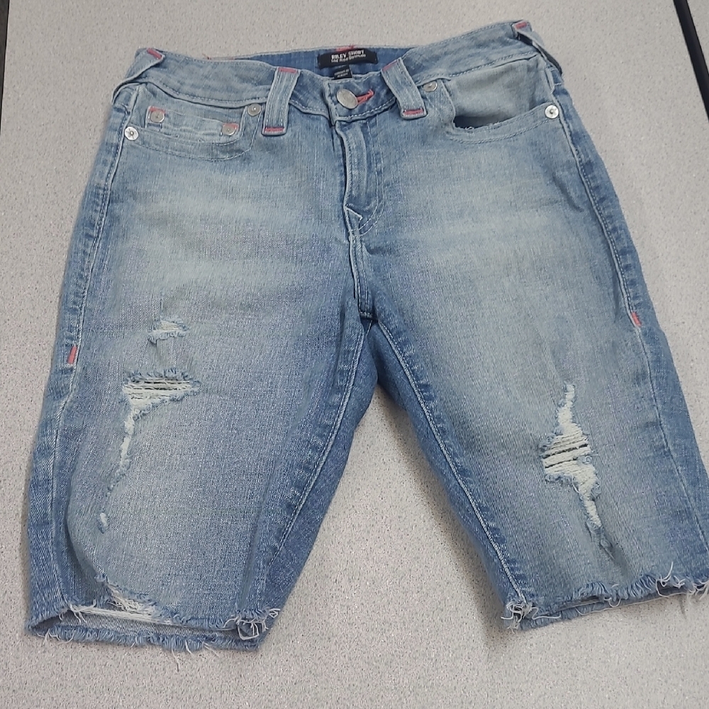 Tru Religuih Casual Light Blue Mid Rise Bermuda Distressed Shorts Size 28